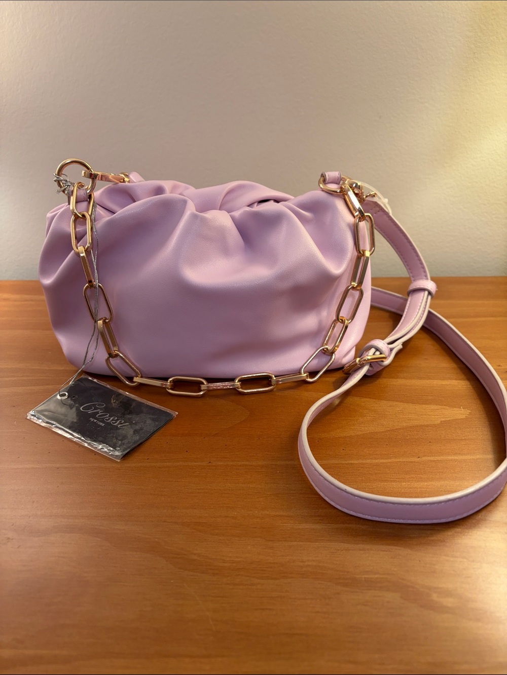 Crossi Pastel Lilac Soft Ruched Crossbody Bag Chain/Leather Adjustable Strap NWT
